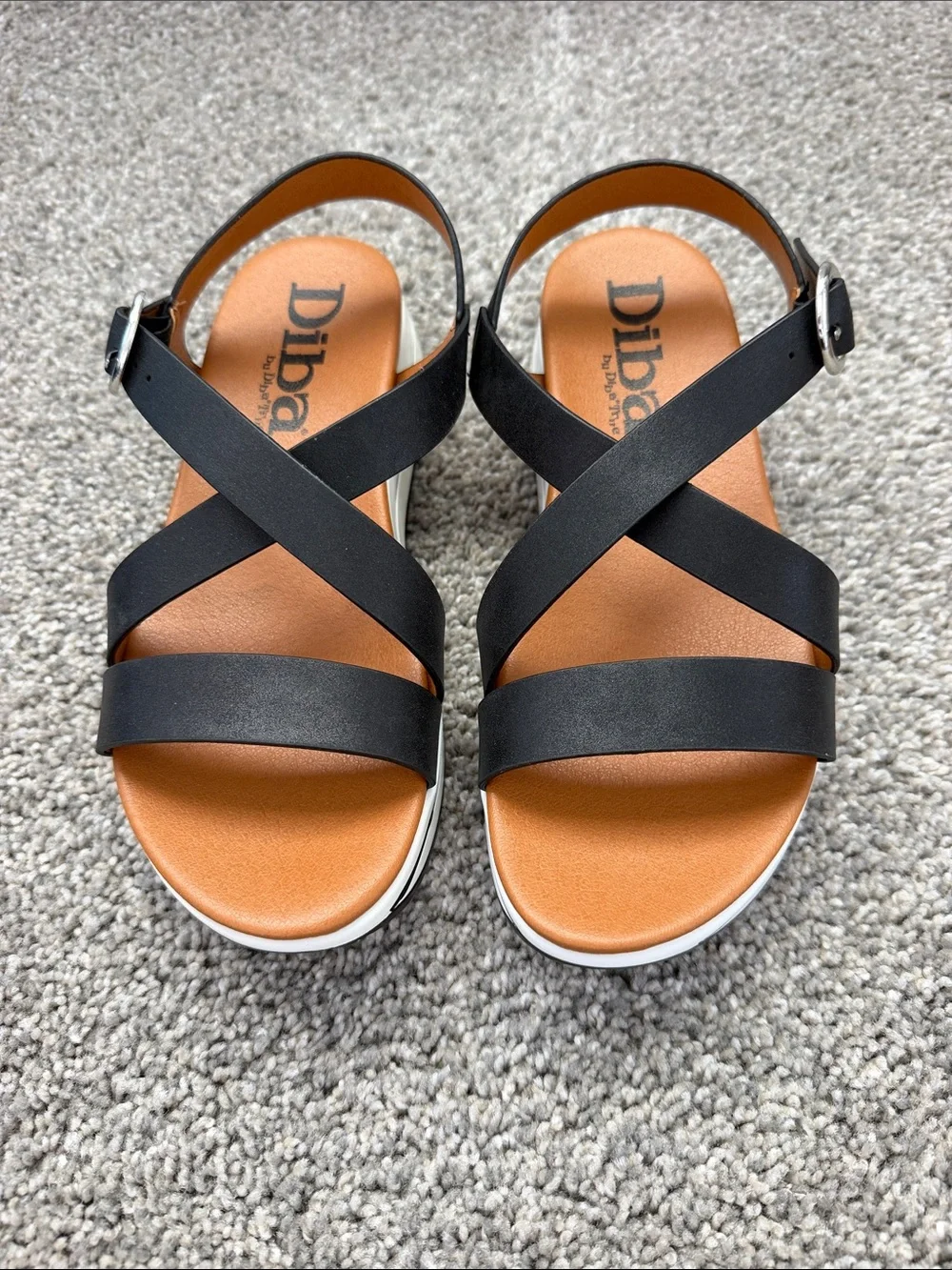 NWB Diba Tru Black Strap Wedge Sandals, Sz. 6